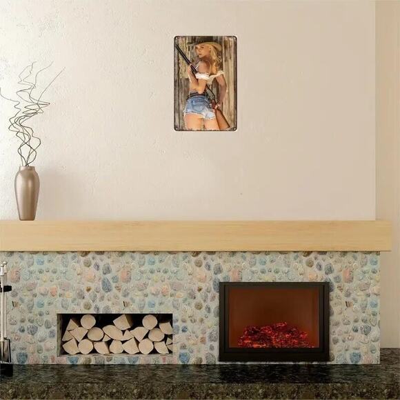 Metal Tin Sign •Blonde Cowgirl Pinup •Hot Pants •Marlin 1894 Octagon Barrel 8x12 - Picture 3 of 10